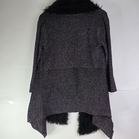 Lauren Michelle Silver Black Sparkly Fuzzy Trim Cardigan Size Medium Party - Picture 4 of 13